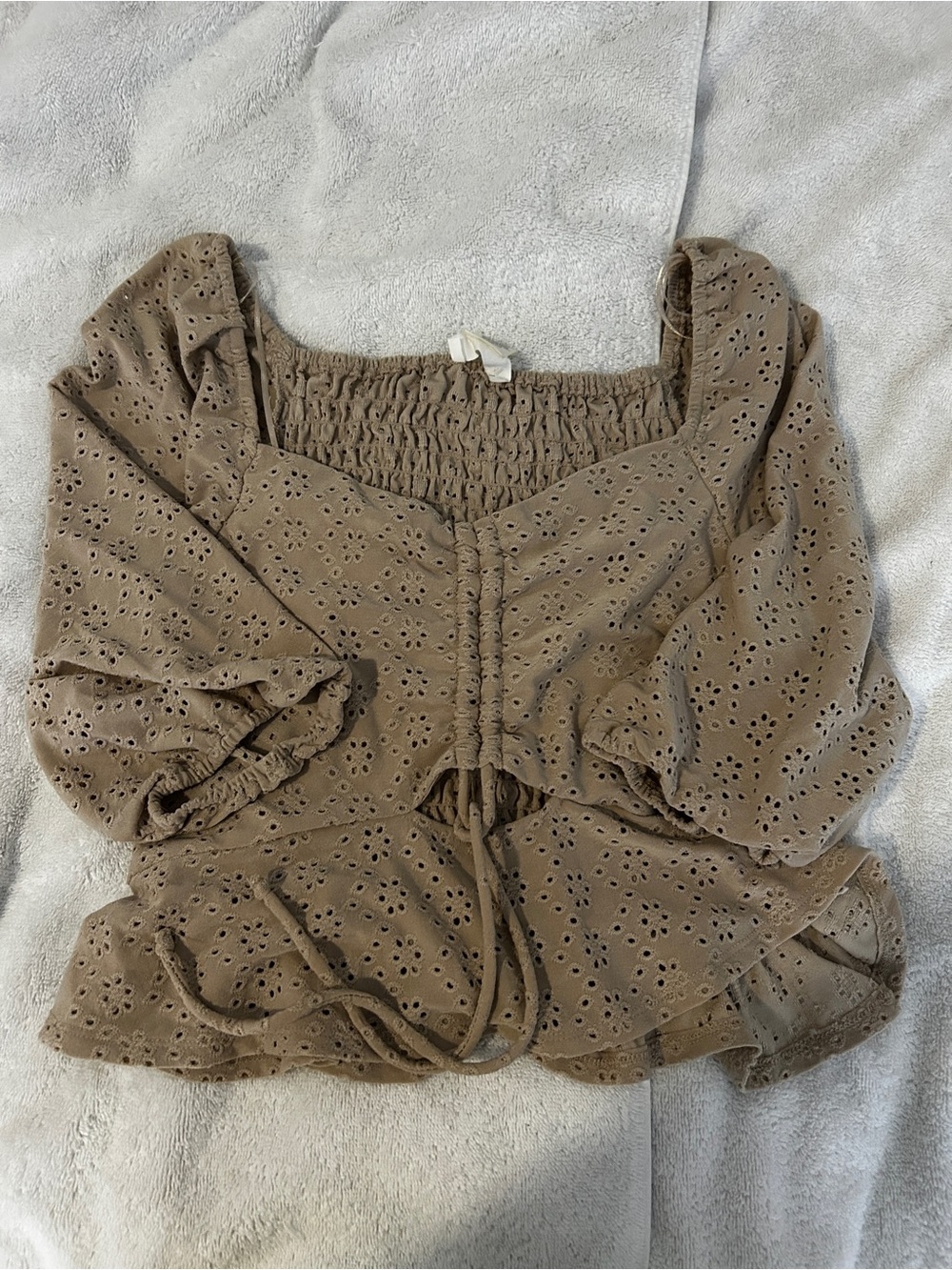 URBAN Romantics Taupe Eyelet Smocked Peplum Blouse